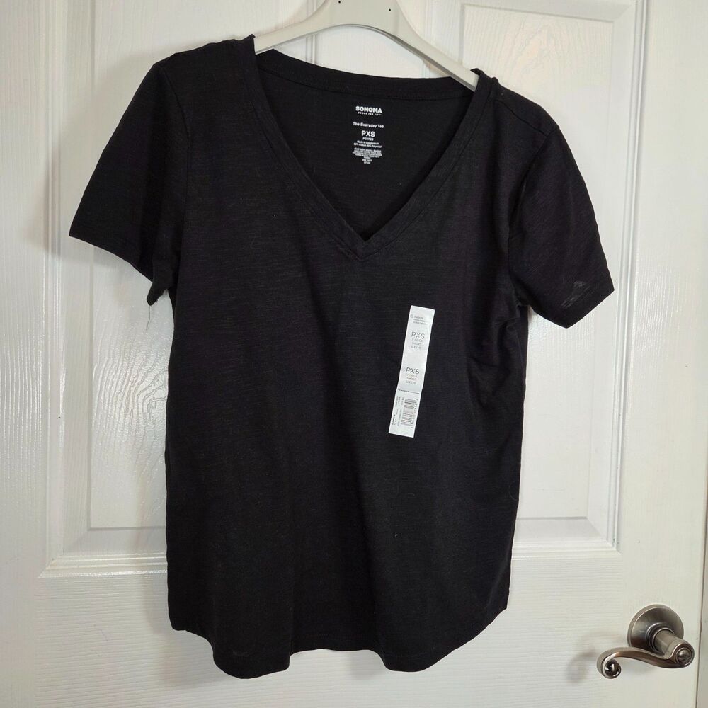 Sonoma Womens PETITE XS Black Vneck Tee Shirt NWT Every Day Tee